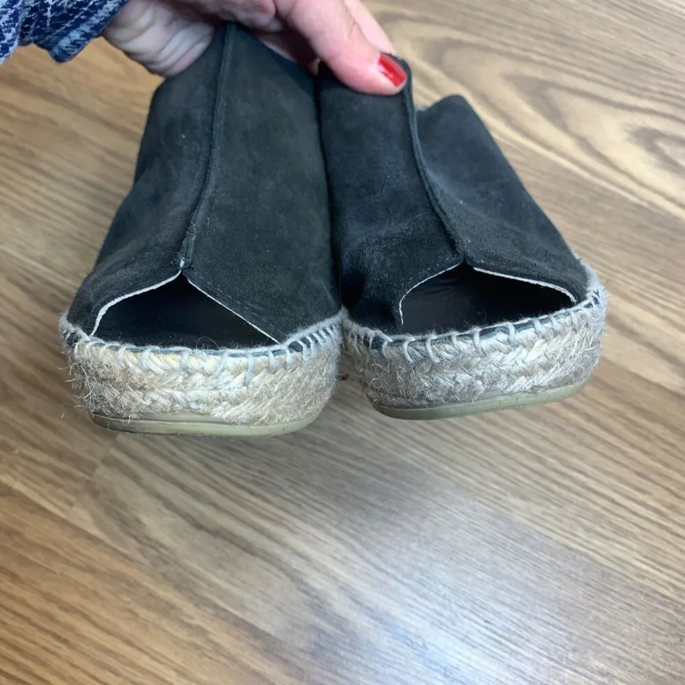 andre assous espadrilles Black Suede Peep Toe Wedge Slip On Shoes Size 8‎